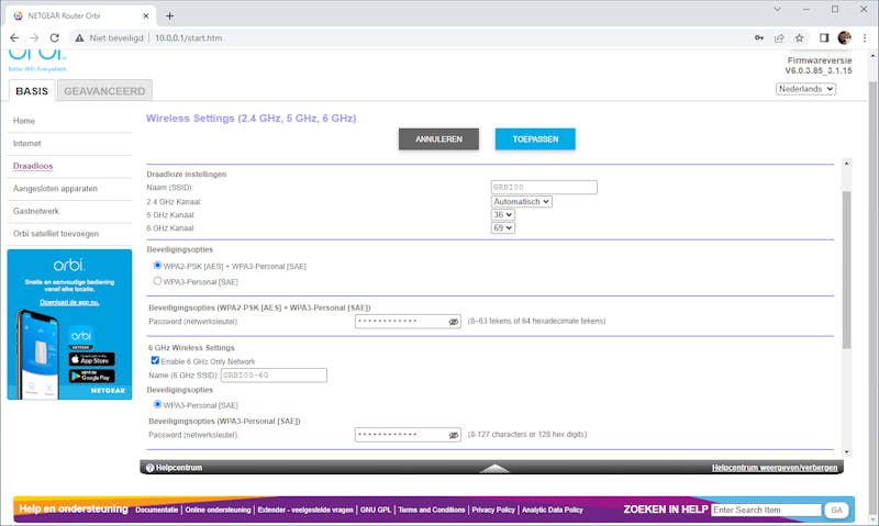 Netgear Orbi Wifi 6E AX11000 webinterface