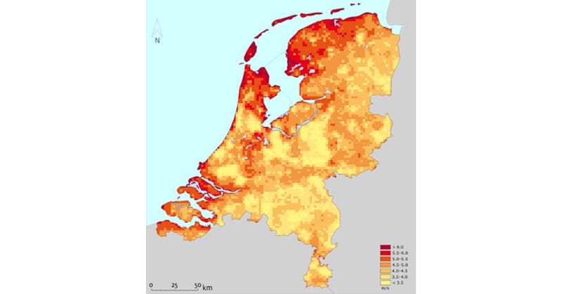 De windkaart van het KNMI laat zien op welke locaties genoeg wind is.