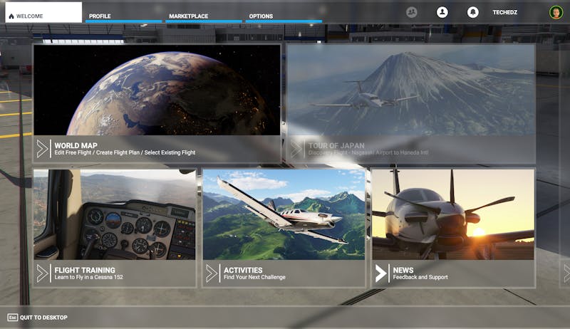 03 Welcome is het startscherm van Flight Simulator, hier begint alle actie.
