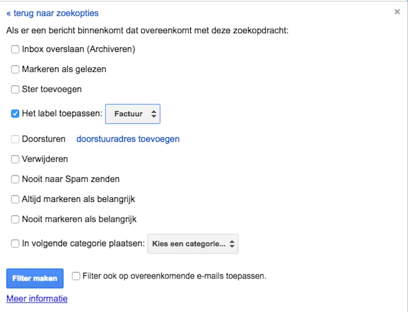 Tip 10 Als je een filter aanmaakt in Gmail, is het eenvoudiger om later je facturen nog terug te vinden.