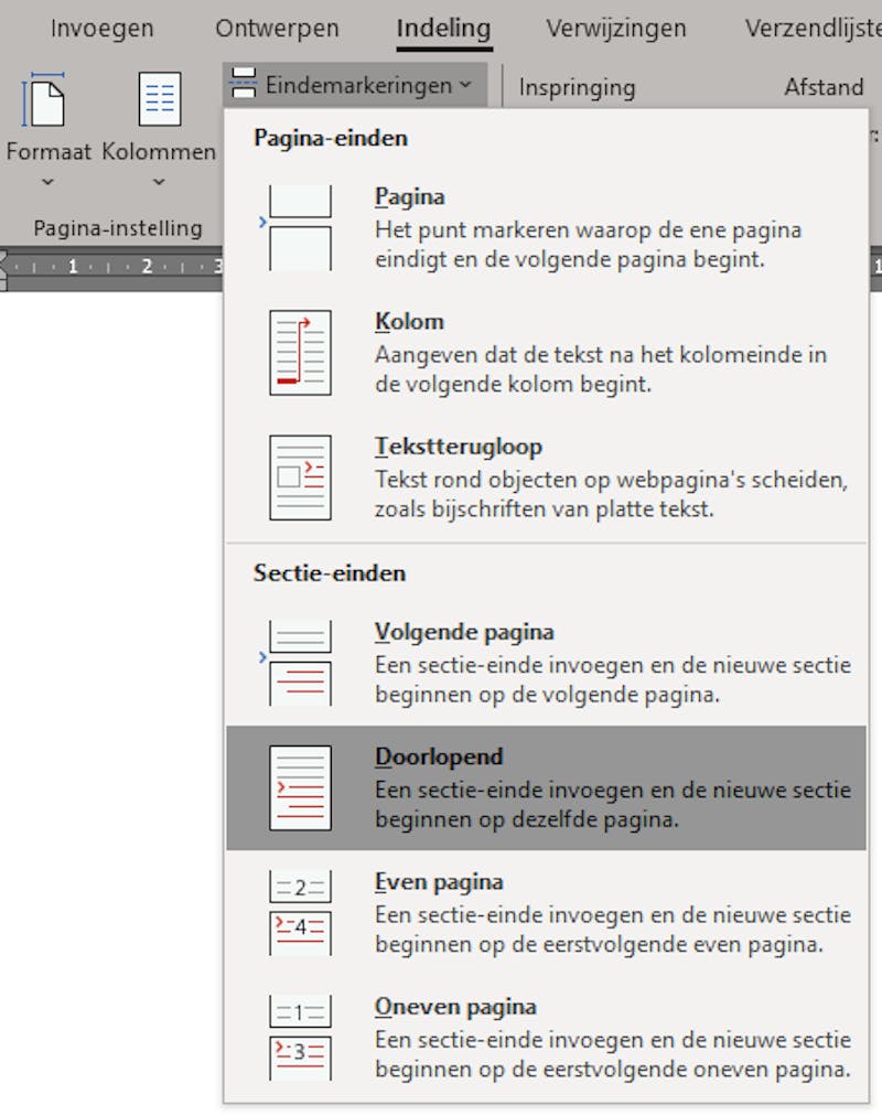 Met behulp van eindemarkeringen kun je staande en liggende pagina’s in hetzelfde document combineren.