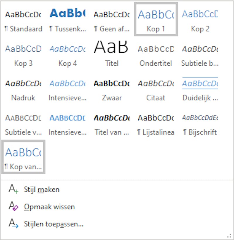 Tip 09 Word toont hoe de kopstijl er op dit moment uitziet, maar je kunt de kenmerken van zo’n stijl ook wijzigen.