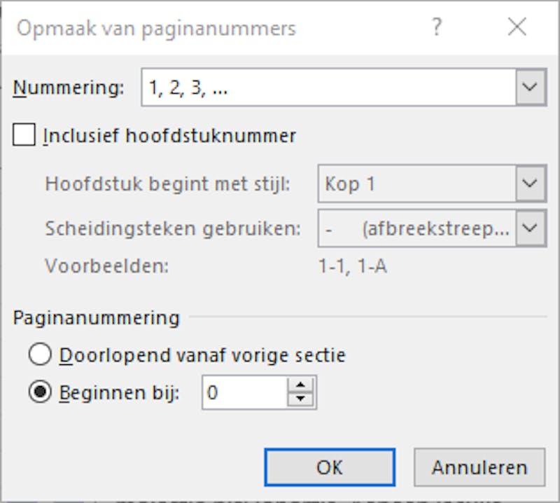 Nu zal de tweede pagina beginnen met het nummer 1.
