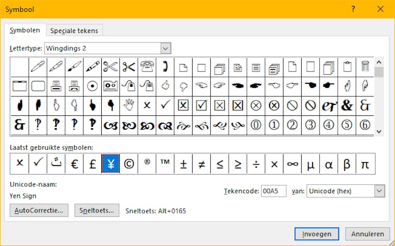 Je kunt in Word de symbolen opzoeken die je nodig hebt, en deze plakken of invoegen in het veld Vervangen door.