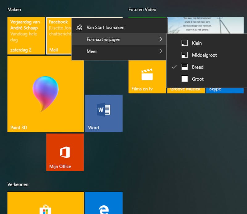 Tip 02 Je kunt tegels in het menu Start aanpassen door er met rechts op te klikken.