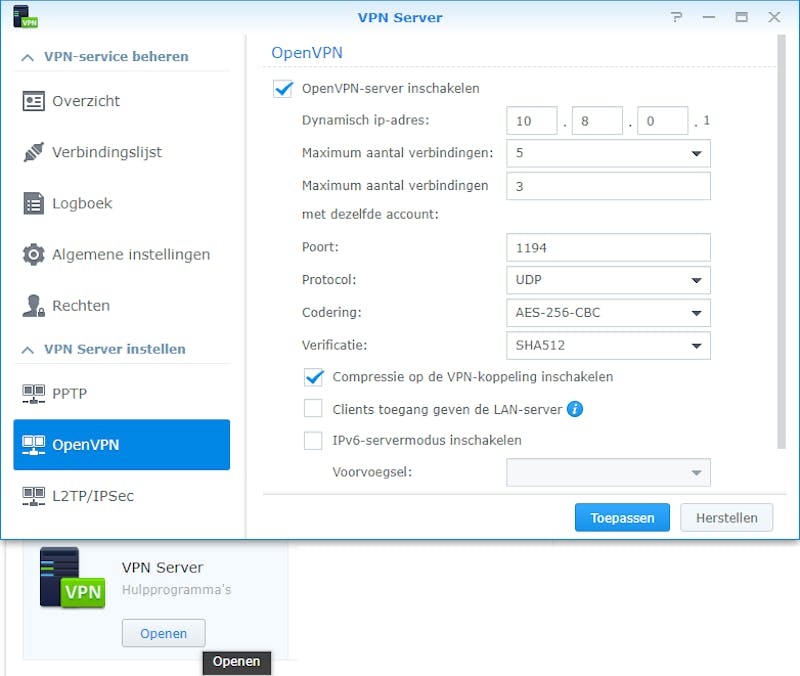 Tip 02 De OpenVPN-server op je nas inschakelen is niets meer dan een vinkje plaatsen.