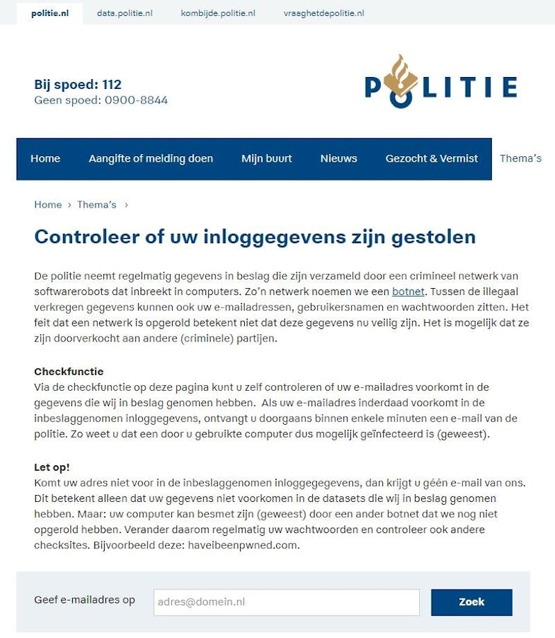 Tip 03 De politie heeft een eigen database met gestolen en gelekte gegevens.