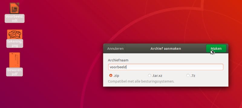 Tip 06 Ook in Ubuntu maak je gemakkelijk en snel een zip-archief.