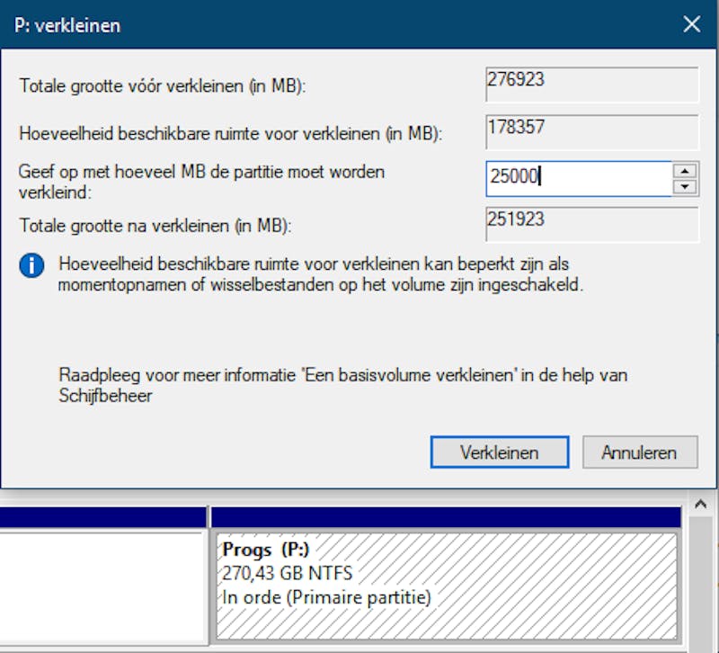 Desnoods maak je een bestaande partitie een kopje kleiner.