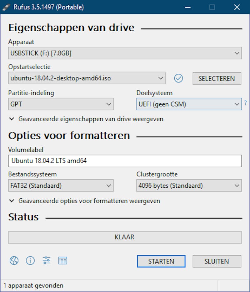 Met deze instellingen creëer je een live medium voor een uefi-systeem.