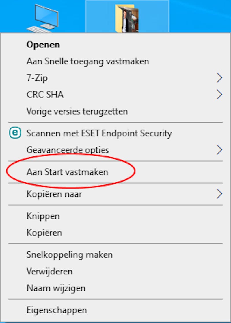 Een screenshot van start vast maken op je bureaublad