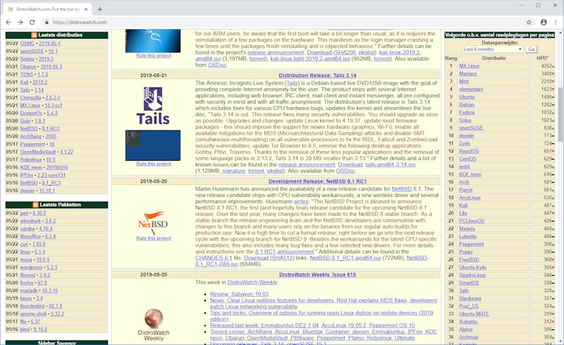 Op DistroWatch kun je alle Linux-distributies volgen en onderling met elkaar vergelijken.