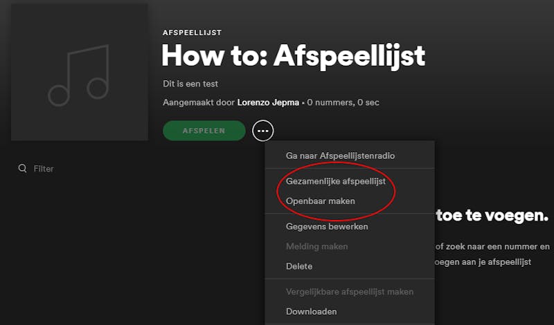 Screenshot van het gezamenlijk en openbaar maken van een Spotify playlist