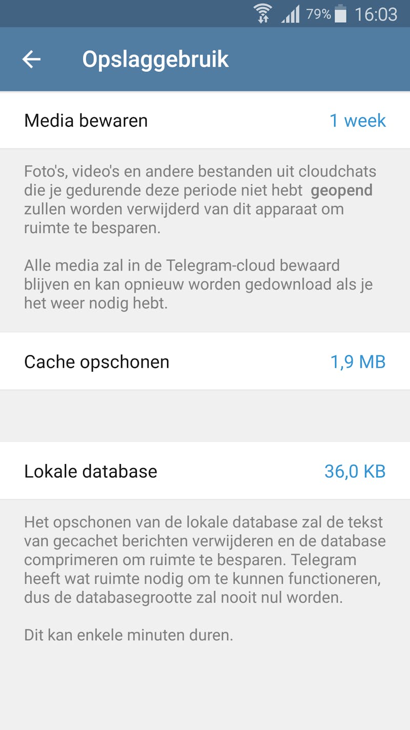 Tip 04 Het opslaggebruik van Telegram kun je desgewenst (ver) terugdringen.