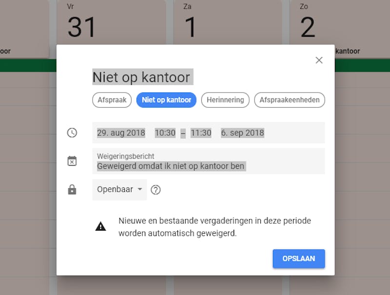 Afspraken die in een NOK-periode binnenkomen, zal Google automatisch weigeren.