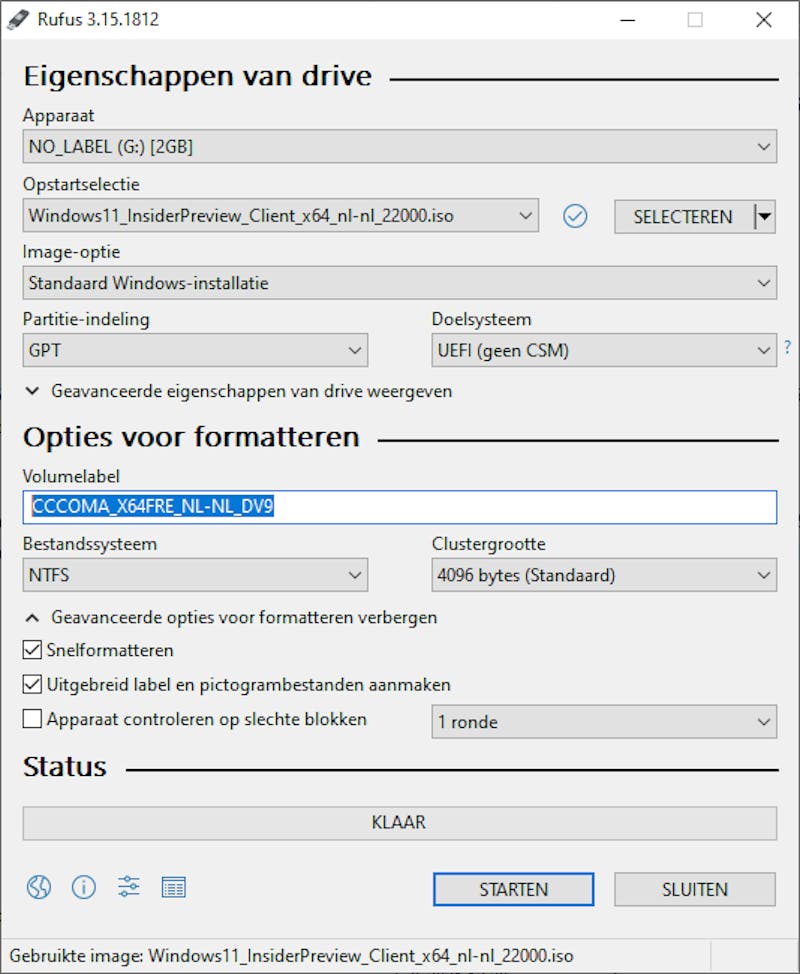 Rufus heeft de gegevens van het ISO-bestand ingelezen en kan nu een usb-stick maken.