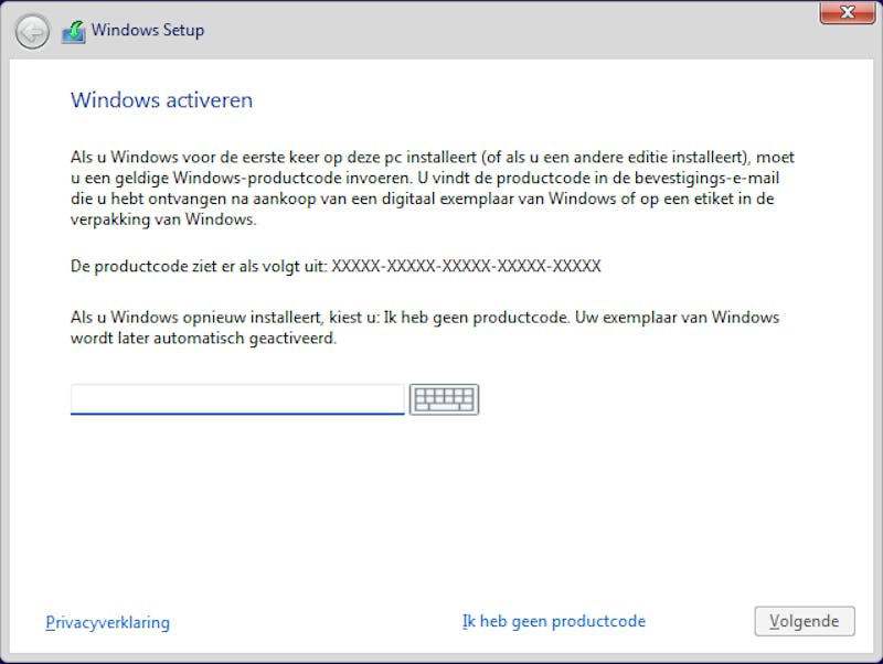 Een geldige Windows 7- of Windows 10-productcode wordt hier ook geaccepteerd.