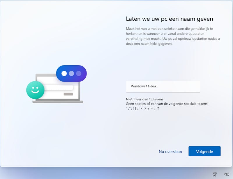 Nieuw in Windows 11: tijdens de setup al een computernaam opgeven.