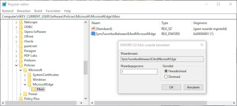 Via een registeringreep zorg je voor een lokale synchronisatie tussen Edge en IE.
