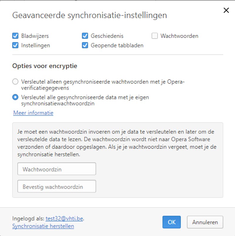 Tip 04 Ook Opera stelt je in staat je synchronisatiedata met een eigen wachtwoord te versleutelen.