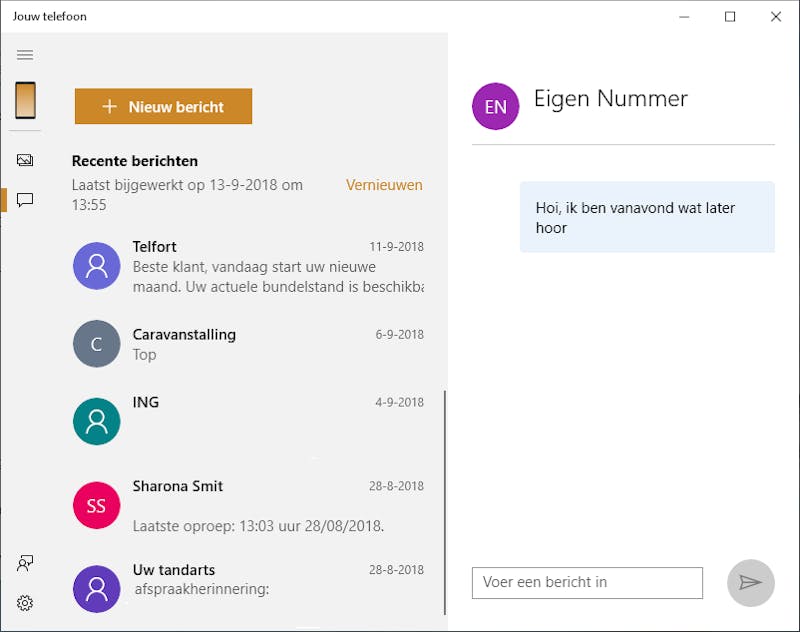 Door je smartphone met je pc te koppelen kun je ook sms-berichten lezen en beantwoorden vanuit Windows 10.