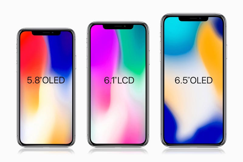 De drie nieuwe iPhones en hun schermformaten.