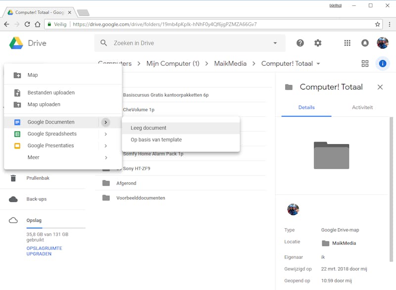 Vanuit Google Drive creëer je rechtstreeks een tekstdocument, spreadsheet of presentatie.