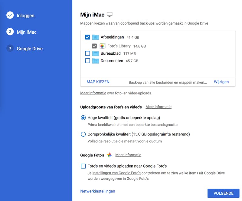 Tip 1 Geef aan van welke mappen Google de inhoud moet back-uppen.