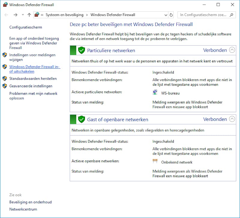 Tip 06 Beide netwerkprofielen moeten een groen schildje hebben, dan is Windows-firewall helemaal actief.