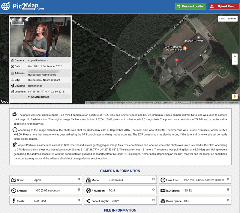 Behalve de exacte locatie lees je op Pic2Map heel veel technische informatie over de foto.
