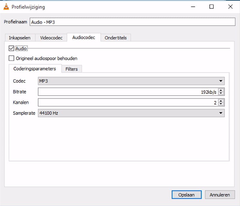 Verander de audio-instellingen als je van een videobestand een mp3-bestand wilt maken.