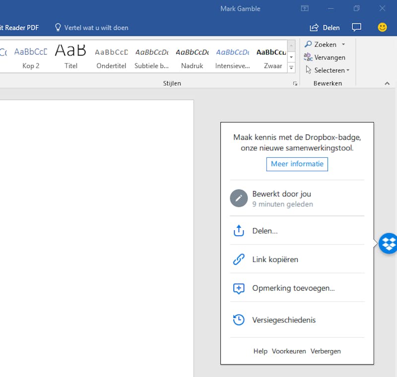 Dropbox kan zichzelf integreren in Microsoft Office.