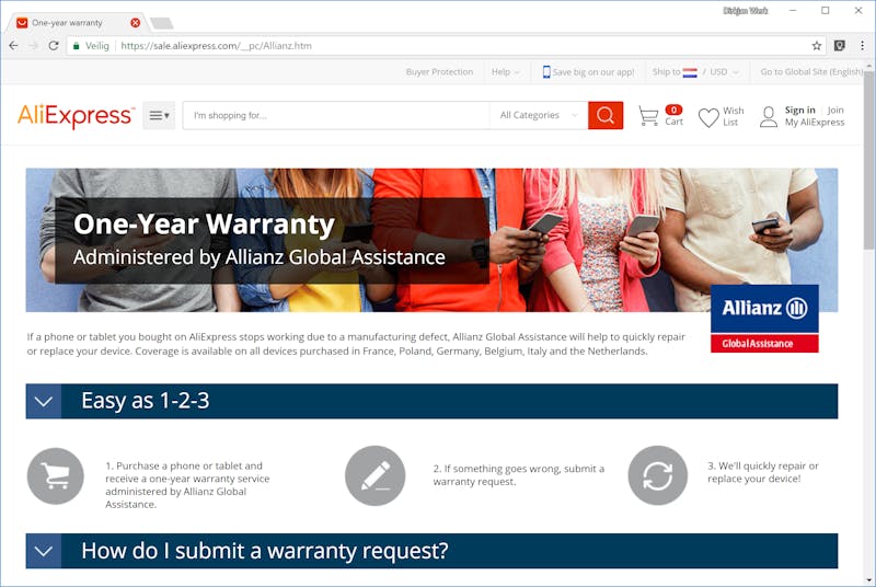 Bij het Chinese AliExpress krijg je een jaar garantie op smartphones en tablets.