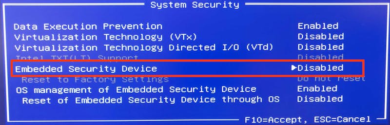 In het BIOS van deze HP-computer wordt de TPM-chip 'Embedded Security Device' genoemd.