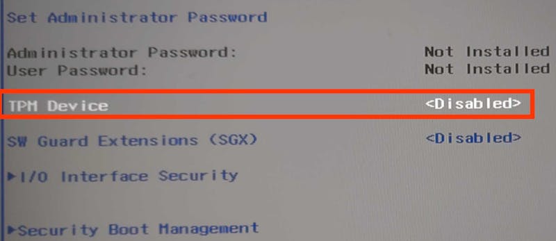 In het bios van deze Medion-laptop is TPM makkelijk terug te vinden.