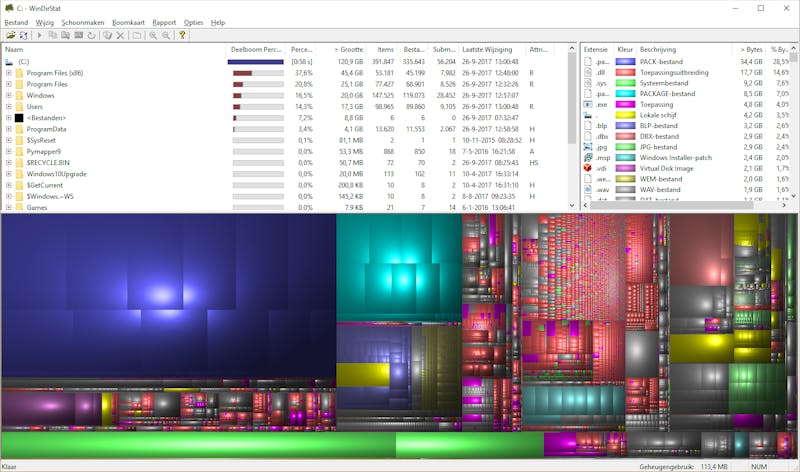 WinDirStat geeft overzichtelijk aan wat de ruimtevreters op de harde schijf zijn.