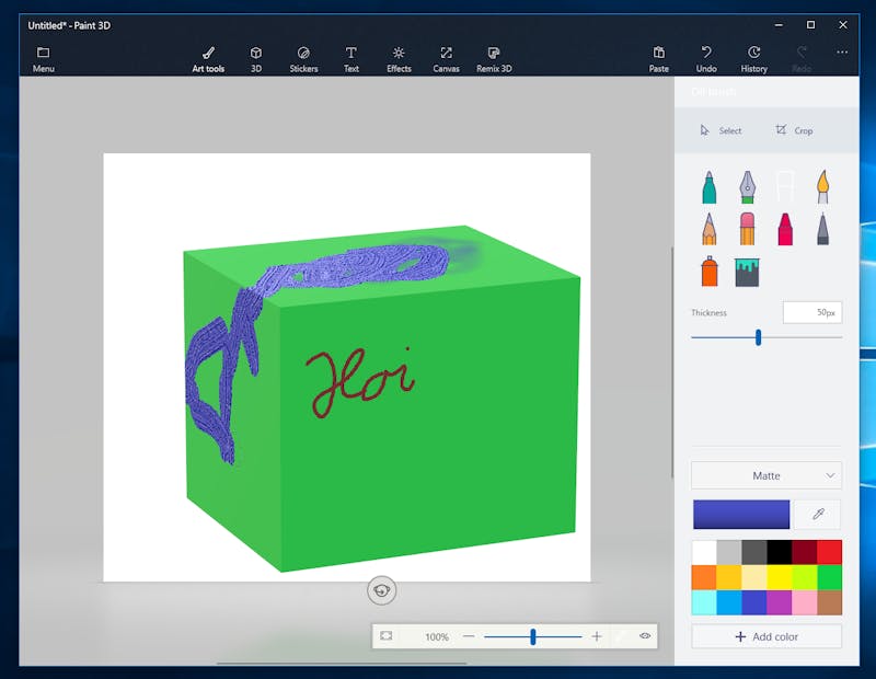 Tip 04 Smeer maar lekker verf op de vorm. Paint 3D neemt het zware rekenwerk voor zijn rekening.