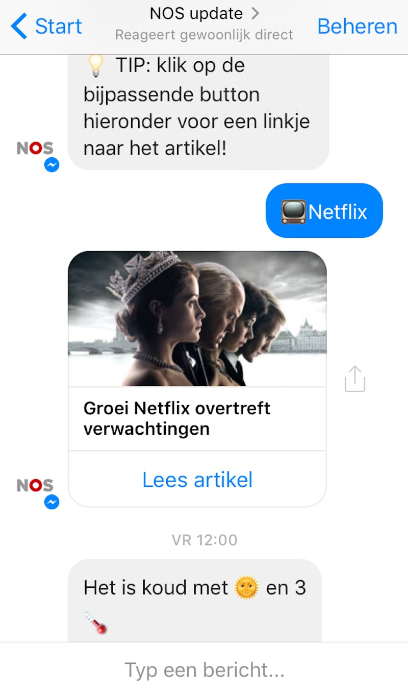 05 De chatbot van NOS geeft je het laatste nieuws en werkt binnen Facebook Messenger.