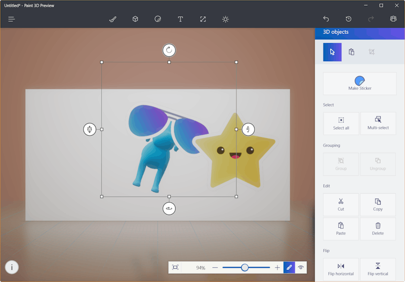 Met Paint 3D kun je stickers plakken op je objecten in 3D.