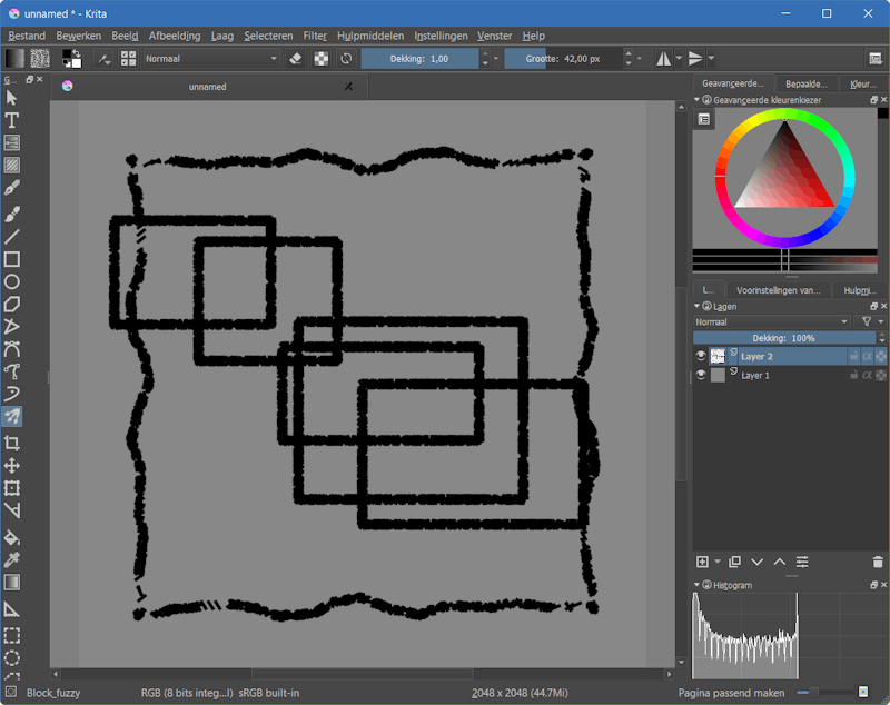 De Krita-interface is zwart-wit, wat niet helpt met het eenvoudig herkennen van gereedschappen.