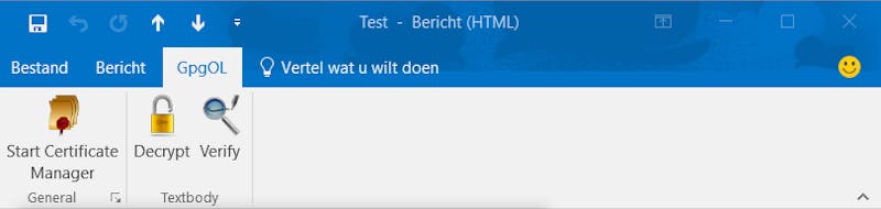 05 In je mail ga je naar GpgOL en klik je op Decrypt, vul eventueel je passphrase in en je kunt de mail inzien.