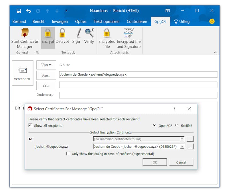 06 Typ je mail zoals normaal en klik dan op Encrypt en kies de publieke sleutel van de ontvanger(s).