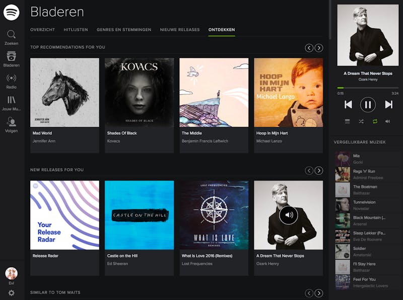 De browserversie van Spotify lijkt erg op de desktopapplicatie.