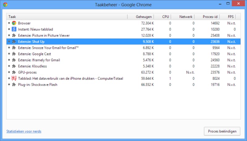 Met Taakbeheer kun je zien welke pagina's of extensies problemen veroorzaken.