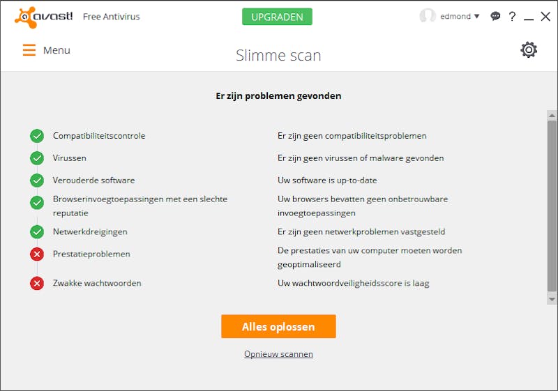 De slimme scan van Avast scant ook op problemen, die het alleen na een betaalde upgrade kan oplossen.