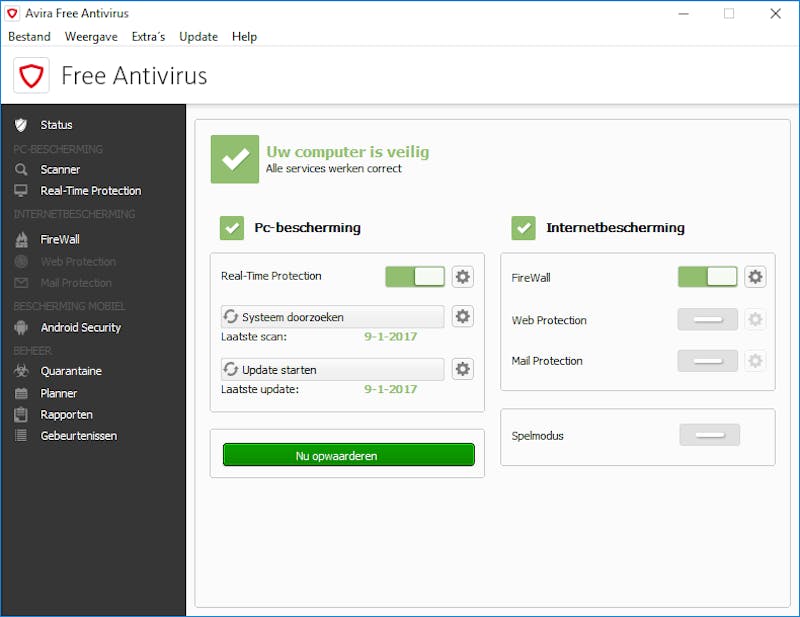 De interface van Avira is erg clean, behalve dat ook hier niet-beschikbare onderdelen worden getoond zoals de web- en mailscan.