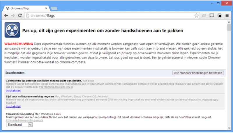 Chrome bevat ook veel experimentele functies, maar ze zitten wel verstopt.