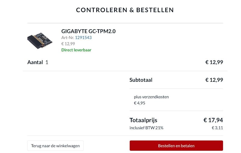 Een TPM 2.0-module is via verscheidene webshops te verkrijgen.