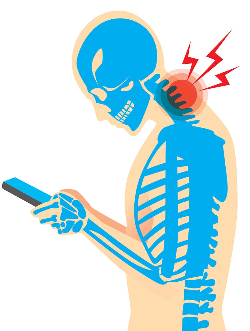 Een verkeerde houding kan ook bij mobiel gebruik tot allerlei rsi-klachten leiden.