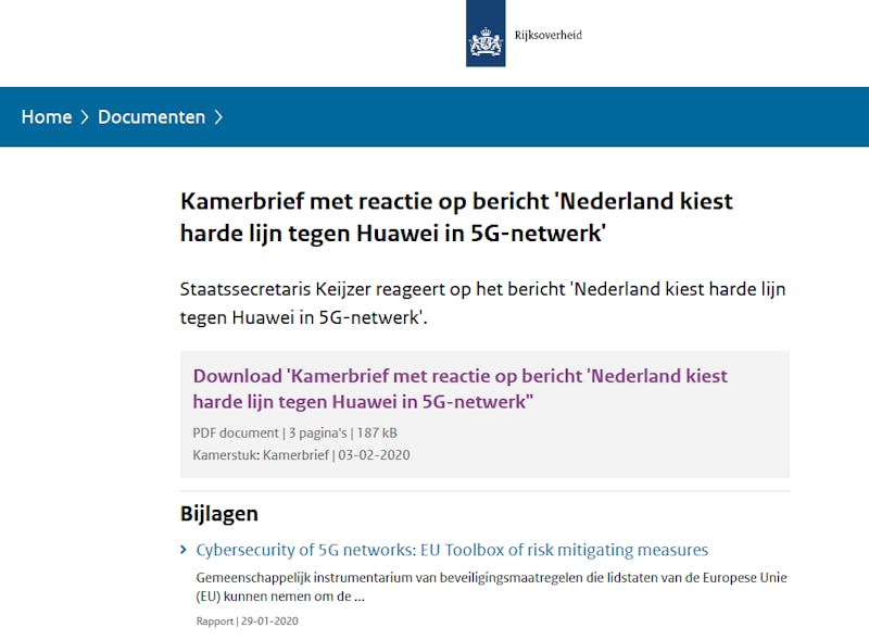 Op de site van de Rijksoverheid lees je de Kamerbrief ‘Nederland kiest harde lijn tegen Huawei in 5G-netwerk’.